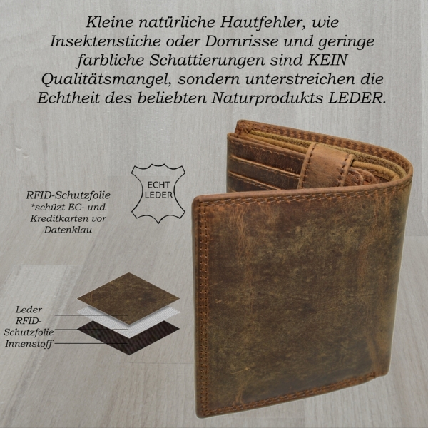 flevado Vintage Wildleder Geldbörse Voll Leder Herren Portemonnaie Hochformat RFID Safe